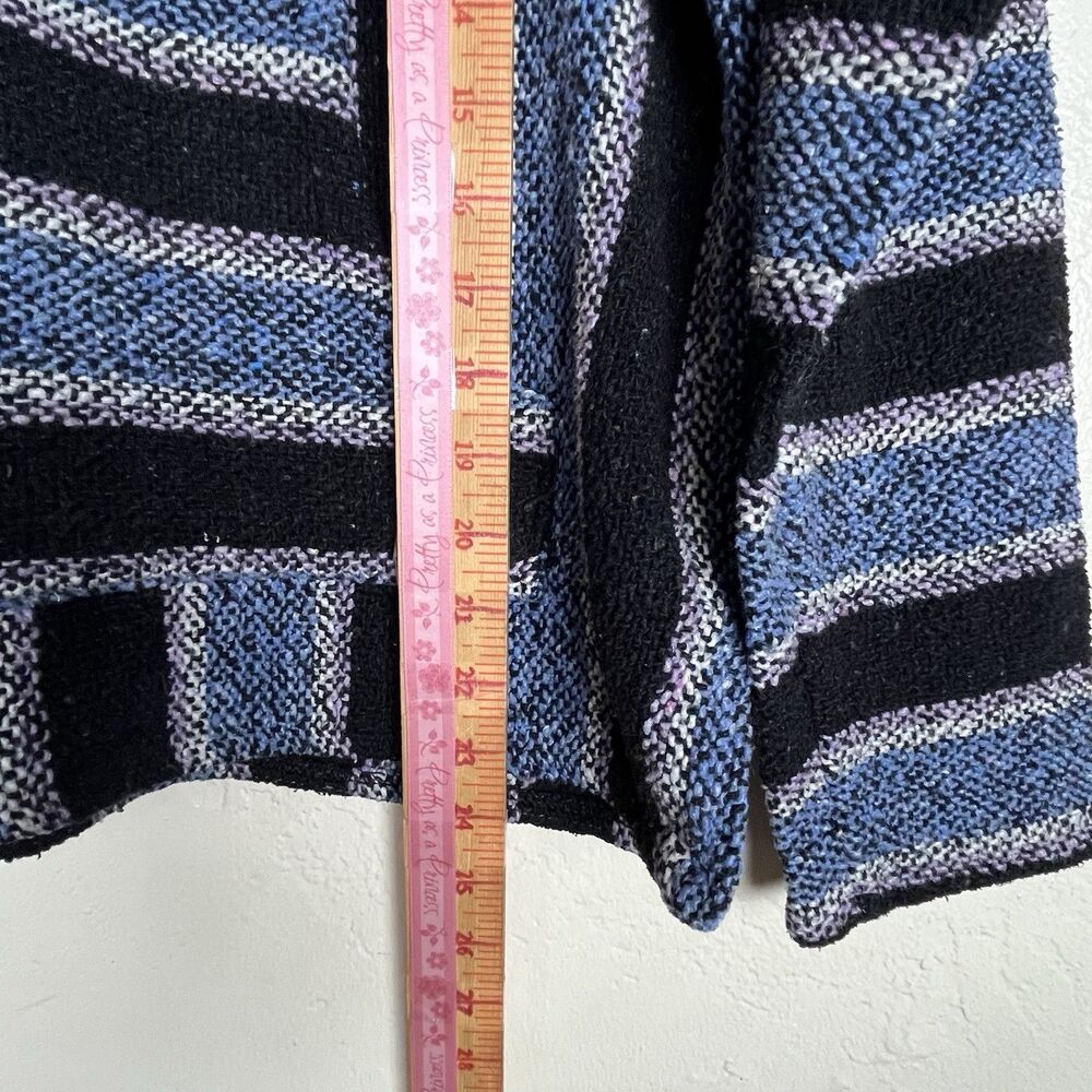 Vintage Mexican Baja Hoodie Blue Black Striped Pullover Kangaroo Pocket M - Picture 8 of 9